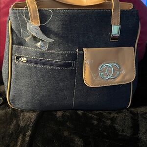 Tan Trim Dark Blue Denim Tote Bag with Front Pocket